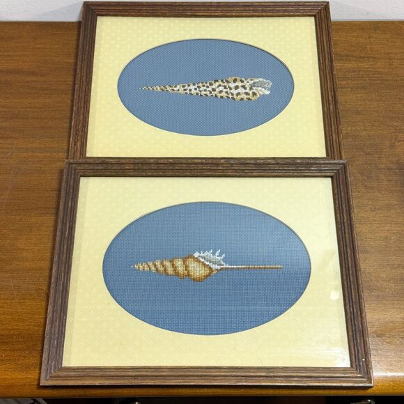Framed Cross Stitch Shell Nautical Wall Art Ocean Beach Home Decor Wood Set of 2